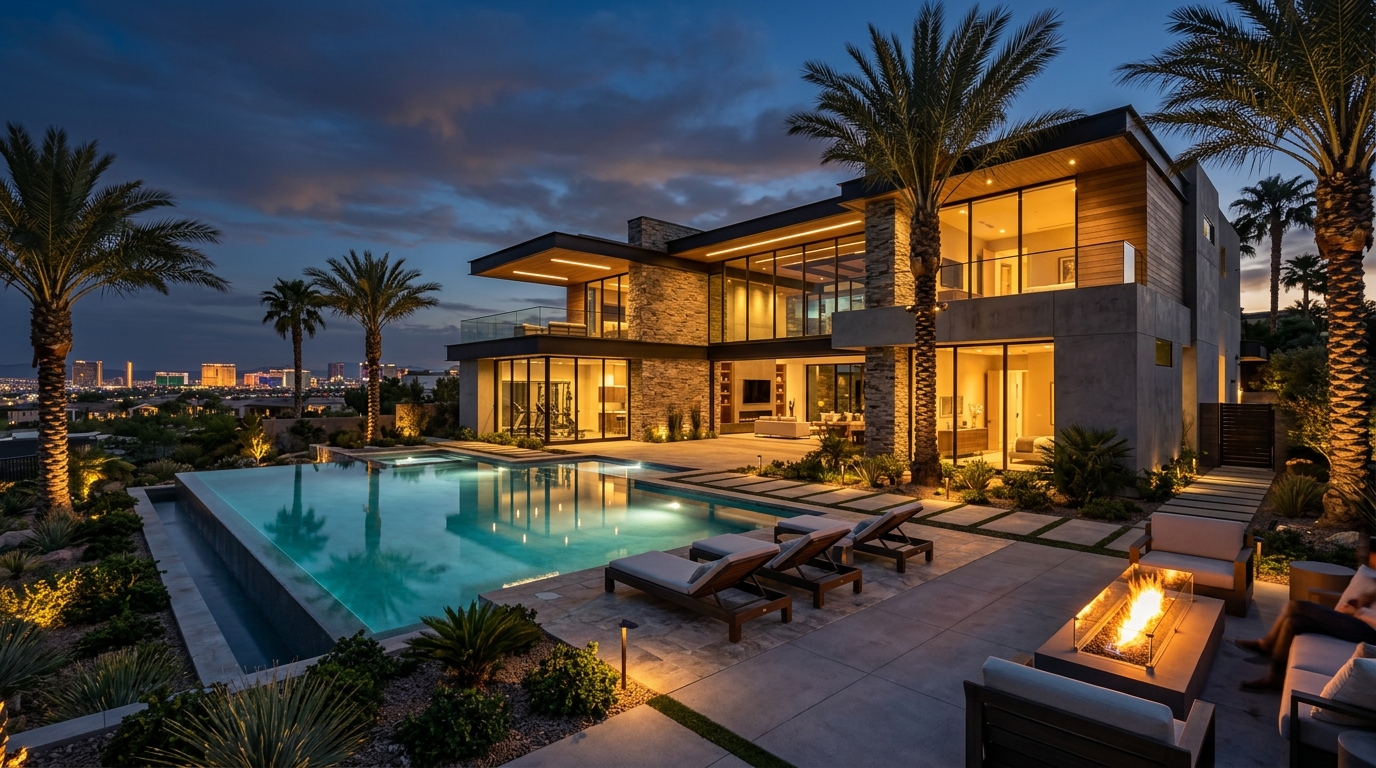 Luxurious modern home pool area at dusk